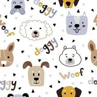 Faces of dogs with text and design elements on a white background. Seamless vector pattern with domestic pets. Kids print for wallpaper or nursery with animals