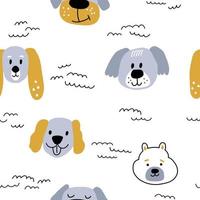 Abstract cute dog faces on a white background with waves. Seamless pattern with vector illustrations of animals