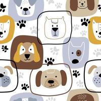 Childish seamless pattern, vector background. Trendy Scandinavian print with funny creative dog faces in frames. Perfect for kids apparel, nursery decoration, and wrapping paper.