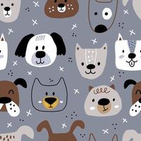 lindas caras de perro sobre fondo gris en estilo escandinavo con elementos abstractos. patrón de niños sin costuras con mascotas. el estampado es ideal para un vestuario, cuarto de niños vector