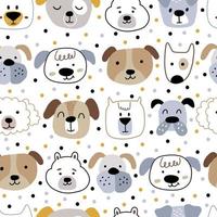 Childish Scandinavian hand-drawn dogs on a white background with dots. Seamless kids pattern with pets. The print is ideal for a changing room, nursery room, wallpaper, wrapping paper, or fabric. vector