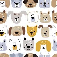 las caras de los perros están ubicadas horizontalmente sobre un fondo blanco. patrón infantil impecable con caras de animales de perro. fondo de vivero creativo. vector