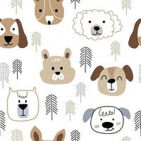 Cute dogs faces with decorative elements on a white background. Seamless childish pattern with dog animal faces. Creative nursery background. vector