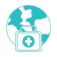 médico en línea, consultor mundial y kit de primeros auxilios protección médica covid 19, icono de estilo de línea vector