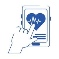 mano del médico en línea con el icono de estilo de línea azul del cuidado del latido del corazón del teléfono inteligente vector