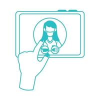 online doctor, hand with tablet computer physician consultation medical covid 19, line style icon vector