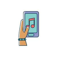 mano con aplicación de teléfono inteligente nota melodía musical sonido línea de música y estilo de relleno vector