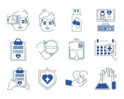 online doctor health medicine care blue line style icons set vector