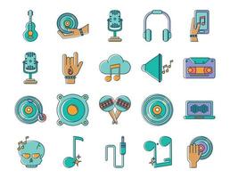 music melody sound audio icons set line and fill style vector