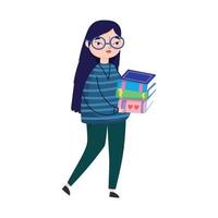 mujer joven que lleva libros apilados, día del libro vector