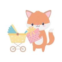 baby shower fox with gift and pram cartoon decoration vector