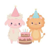 happy birthday sheep lion with party hats and cake celebration decoration vector