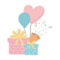 feliz cumpleaños regalos globos cuerno confetty celebración decoración tarjeta vector