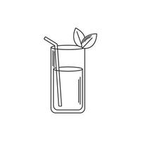 drinks glass cup liquor with mint leaves and straw line style icon vector