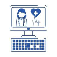 online doctor computer device support medical care blue line style icon vector