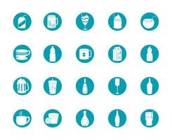 drinks beverage glass cups bottle alcoholic liquor icons set blue block style icon vector