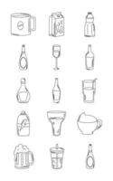 drinks beverage glass cups bottle alcoholic liquor icons set line style icon vector