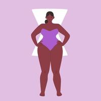 The shape type is hourglass. Cartoon chubby girl wearing a purple strapless swimsuit. Vector stock illustration of an African American woman with wide shoulders isolated.