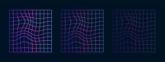 un conjunto de rejillas holográficas cuadradas distorsionadas de diferentes grosores. deformaciones abstractas deformadas. ilustración vectorial del gradiente ondulado cibernético en las células. vector