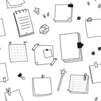 Seamless pattern of hand drawn doodle notepads, square sheets. Sketch paper clips, pins, paper torn from a notebook. Vector illustration of a pattern of school supplies on a white background.