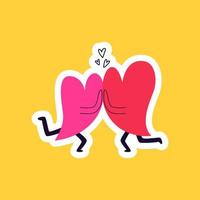 Drawn sticker doodle hearts. Lovers on a yellow background. Hearts in love run to meet and hug. Valentine's day cartoon sticker vector illustration.