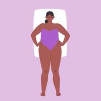 The shape type is rectangle. Cartoon chubby girl wearing a purple strapless swimsuit. Vector stock illustration of an African American woman with wide shoulders isolated.