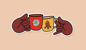 Hand drawn sticker doodle hands with cups. Insulated sticker clink glasses hiking mugs. Vector illustration of traveling with friends.