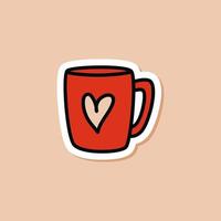 Drawn sticker of a red cup doodle with a heart. Mug sticker isolated. Vector illustration of kitchen utensils