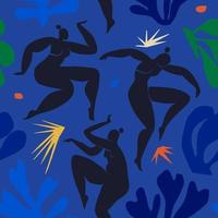 patrón impecable con mujeres abstractas bailando inspiradas en matisse. danza de mujeres entre plantas abstractas y estrellas. ilustración de vector de fondo coloreado.