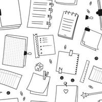 Seamless pattern of hand drawn scribble notebooks, square sheets. Sketch paper clips, pins, paper torn from a notebook. Vector illustration of a pattern of school supplies on a white background.