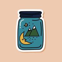 Drawn doodle jar sticker with mountains and a crescent moon inside. Isolated sticker of camping travel. Vector illustration of nature inside a glass jar.