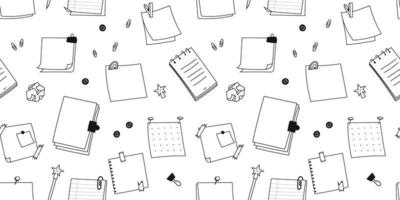 Horizontal seamless pattern of hand drawn doodle notepads, square sheets. Sketch paper clips, pins, paper torn from a notebook. Vector illustration of a pattern of school supplies on a white.