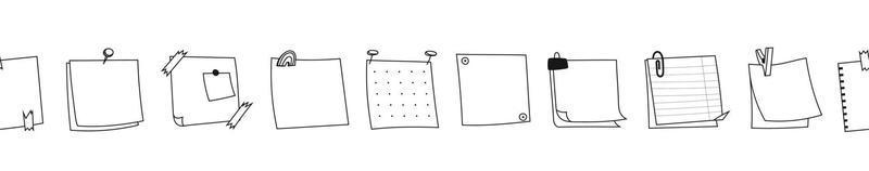 hojas cuadradas en blanco de borde sin costuras de papel de nota. un conjunto de papel de sobre diferente con alfileres, clips de papel, pegatinas, cinta adhesiva. vector de plantillas de recordatorio aislado sobre fondo blanco.