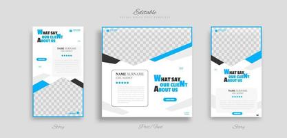 set of modern and creative client testimonial social media post and story design. customer service feedback review social media post or web banner vector template.