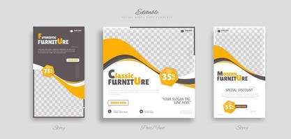 set of editable Furniture social media post and story web banner template design with yellow, black and white background vector