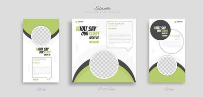 set of modern and creative client testimonial social media post and story design. customer service feedback review social media post or web banner vector template.