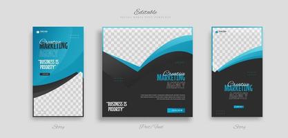 Set creative business idea social media post and story template withblue white and black color background vector