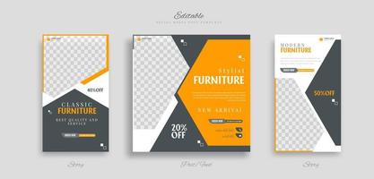 conjunto de publicaciones en redes sociales de muebles editables y diseño de plantilla de banner web de historia con fondo amarillo, negro y blanco vector