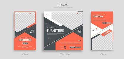 set of editable Furniture social media post and story web banner template design with yellow, black and white background vector