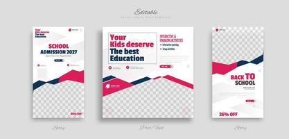 set of School education admission social media post and story web banner template. with red blue and white background vector illustration