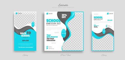 conjunto de publicaciones en redes sociales de admisión a la educación escolar y plantilla de banner web de historias. con ilustración de vector de fondo azul, blanco y negro