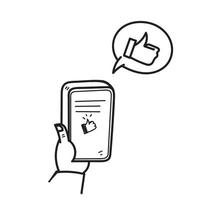 hand drawn doodle mobile phone with like button sign symbol illustration vector