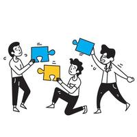 hand drawn doodle people holding jigsaw puzzle illustration symbol for teamwork vector