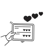 garabato dibujado a mano sosteniendo la pantalla de la tableta ilustración de signo de amor vector