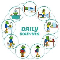 Daily routine for child. Pie Chart. Baby frog performing various tasks during the day. Bright vector illustration.