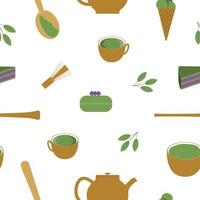 Seamless pattern with elements for making matcha tea and desserts from matcha. Flat style. Vector illustration