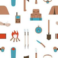 Seamless pattern with elements of camping equipment. Image for application on fabric and packaging. Flat style. Vector illustration