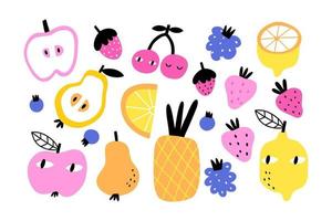 set of cute fruits in hand drawn flat style. vector illustration