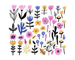 set with colorful flowers and plant elements in hand drawn flat style. vector illustration