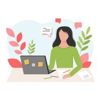 Online education. The girl is sitting at a laptop and studying online. Writes a summary. Plants in the background. Colors - pink, green and blue vector